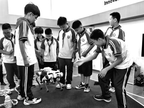 机器狗灵活地表演各种动作,吸引了学生们的目光